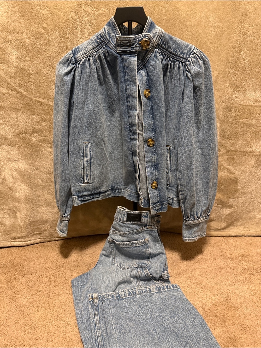 Light Blue Denim Puff-Sleeve Jacket and Cargo Jeans